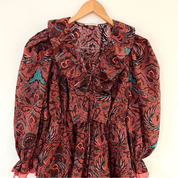 ULLA JOHNSON Caris Long Sleeve Ruffle Dress In Red Oversized Fit - Picture 4 of 15